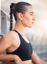 Fitness, sports and a woman serious about health on outdoor path. Thinking, focus and concentration on exercise and Royalty Free Stock Photo