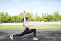 Fitness sporty woman during outdoor exercises workout. copy space. Weight Loss. Healthy lifestyle. Sporty healthy female Royalty Free Stock Photo