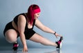 Fitness spring diet weight loss concept. Lucky plus-size girl overweight woman dieting working out doing stretching exercises