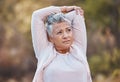 Fitness, stretching or old woman in nature thinking of body goals starts training, exercise or workout in New Zealand