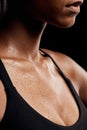 Fitness, sweat and chest of a woman in a studio after an intense workout or sport training. Sports, health and healthy