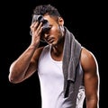 Fitness, sweat and man on black background with towel for exercise, training and intense workout. Bodybuilder, sports Royalty Free Stock Photo