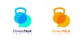 Fitness Talk Chat Logo. GYM Logo. With kettlebell and bubble speech icon. On yellow, orange, cyan, white, and blue colors. Premium