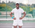 Fitness, tennis and portrait of a black man on the court ready for outdoor training or a match. Sports, tournament and Royalty Free Stock Photo