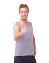 Fitness, thumbs up and man in studio for training success, workout achievement and health support or like emoji