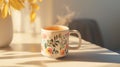 fitness tracker, hand-painted ceramic mug, filled with steaming tea, placed on a clean white surface Royalty Free Stock Photo