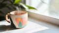 fitness tracker, hand-painted ceramic mug, filled with steaming tea, placed on a clean white surface Royalty Free Stock Photo