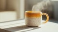 fitness tracker, hand-painted ceramic mug, filled with steaming tea, placed on a clean white surface Royalty Free Stock Photo