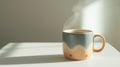 fitness tracker, hand-painted ceramic mug, filled with steaming tea, placed on a clean white surface Royalty Free Stock Photo