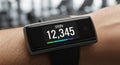 Fitness tracker on a wrist displaying 12,345 steps. The device features a rectangular Royalty Free Stock Photo