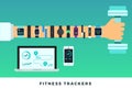 Fitness trackers on hand with dumbbell. Vector flat illustrations. Sports lifestyle.