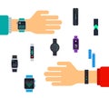 Fitness trackers on hands. Vector flat illustrations. Sports lifestyle.
