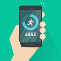 Fitness tracking app on mobile phone screen vector illustration, smartphone with run tracker, walk steps counter Royalty Free Stock Photo