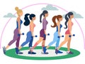 Fitness trainer, five women. Exercise or properly posture flat. In minimalist style. Cartoon Vector