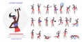 Fitness trainer gym workout poses set, cartoon coach instructor character doing sport exercises