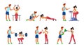 Fitness trainer. Gymnastics exercising in gym with instructor, active sport woman, athletic training men jogging