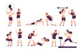 Fitness trainer. Male personal coach helps woman training, fit girl exercising with gym instructor isolated vector set