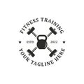 Fitness training logo design badge vector with kettle bell and lighting vector illustration , best for fitness training logo brand