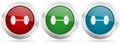 Fitness vector icon set. Red, blue and green silver metallic web buttons with chrome border