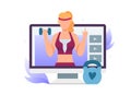 Fitness video blogger on computer screen. Woman doing online training with dumbbell. Female character lifting weight