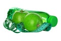 Fitness, weight loss concept with green apples, bottle of drinking water and tape measure Royalty Free Stock Photo