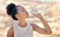 Fitness, wellness and black woman drinking water after exercise, training and workout in nature, park and outdoors Royalty Free Stock Photo