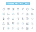 Fitness and wellness linear icons set. Exercise, Health, Strength, Endurance, Flexibility, Balance, Nutrition line