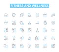 Fitness and wellness linear icons set. Exercise, Health, Strength, Endurance, Flexibility, Balance, Nutrition line