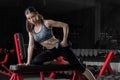 Fitness woman, Asian athletic woman pumping up muscles with dumbbells.