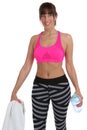 Fitness woman bottle water and towel at sports workout training