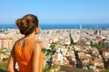 Fitness woman breathe after excercise and enjoying the silence quiet tranquil spiritual reflection peace looking to Barcelona land Royalty Free Stock Photo