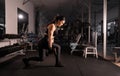 Fitness woman doing lunge exercises with dumbbells in her hands to train leg muscles in gym. Active girl squats on one Royalty Free Stock Photo