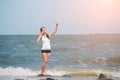 Fitness women exercising and stretching on the seacoast and making selfie Royalty Free Stock Photo