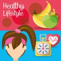 Fitness woman with fruits, chronometer and heartbeat