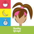 Fitness woman with fruits, chronometer and heartbeat