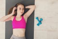 Fitness woman have rest top view Royalty Free Stock Photo