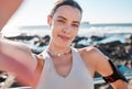 Fitness, woman and portrait smile for selfie, vlog or profile picture by beach for running exercise. Happy female runner Royalty Free Stock Photo