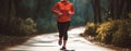 Fitness woman runner running on winter park trail. Generative AI