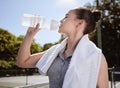 Fitness, woman with water bottle and hydrate after exercise workout, towel and drinking outdoor. Sport, healthy and Royalty Free Stock Photo