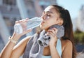 Fitness, woman and water drink for hydration in exercise, workout or training in the city outdoors. Active and athletic Royalty Free Stock Photo