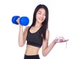 Fitness woman withw eight dumbbell and measure tape isolated on Royalty Free Stock Photo
