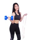 Fitness woman withw eight dumbbell and measure tape isolated on Royalty Free Stock Photo