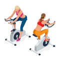 Fitness woman working out on exercise bike at the gym. Isolated on white background. Doing sport biking in the gym