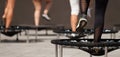 Fitness women jumping on small trampolines Royalty Free Stock Photo