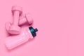 Fitness workout background concept with pink dumbbells and bottle of water. Top view flatlay sport, diet and healthy lifestyle