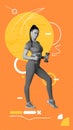 Contemporary art collage with charming sporty girl doing exercises with dumbbells over orange background. Fitness Royalty Free Stock Photo