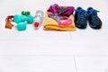 Fitness workout equipment on gym floor with copy space