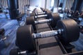 Fitness and workout equipment: set of the modern dumbbells on th