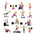 Fitness and workout exercise in gym. Vector set of icons flat style isolated on white background Royalty Free Stock Photo