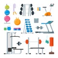Fitness and workout exercise in gym. Vector set of icons flat style on white background. Royalty Free Stock Photo